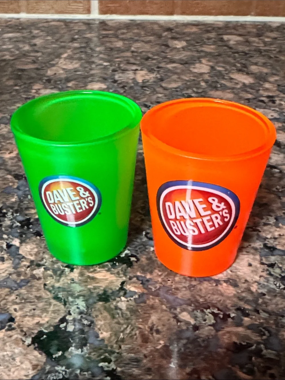 Neon Green and Orange Dave & Busters Glass Shot Glasses - 2 Pack